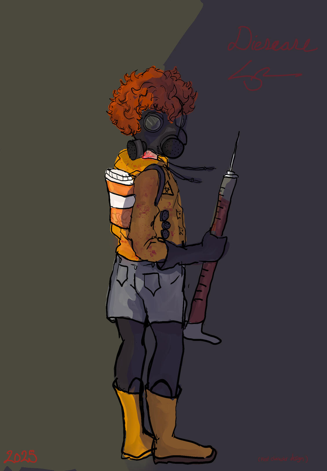 Full-body character concept illustration of a curly red-haired figure wearing a black gas mask and holding an oversized syringe filled with dark red liquid. They wear a stained yellow jacket, gloves, boots, and shorts against a dark background with the wor