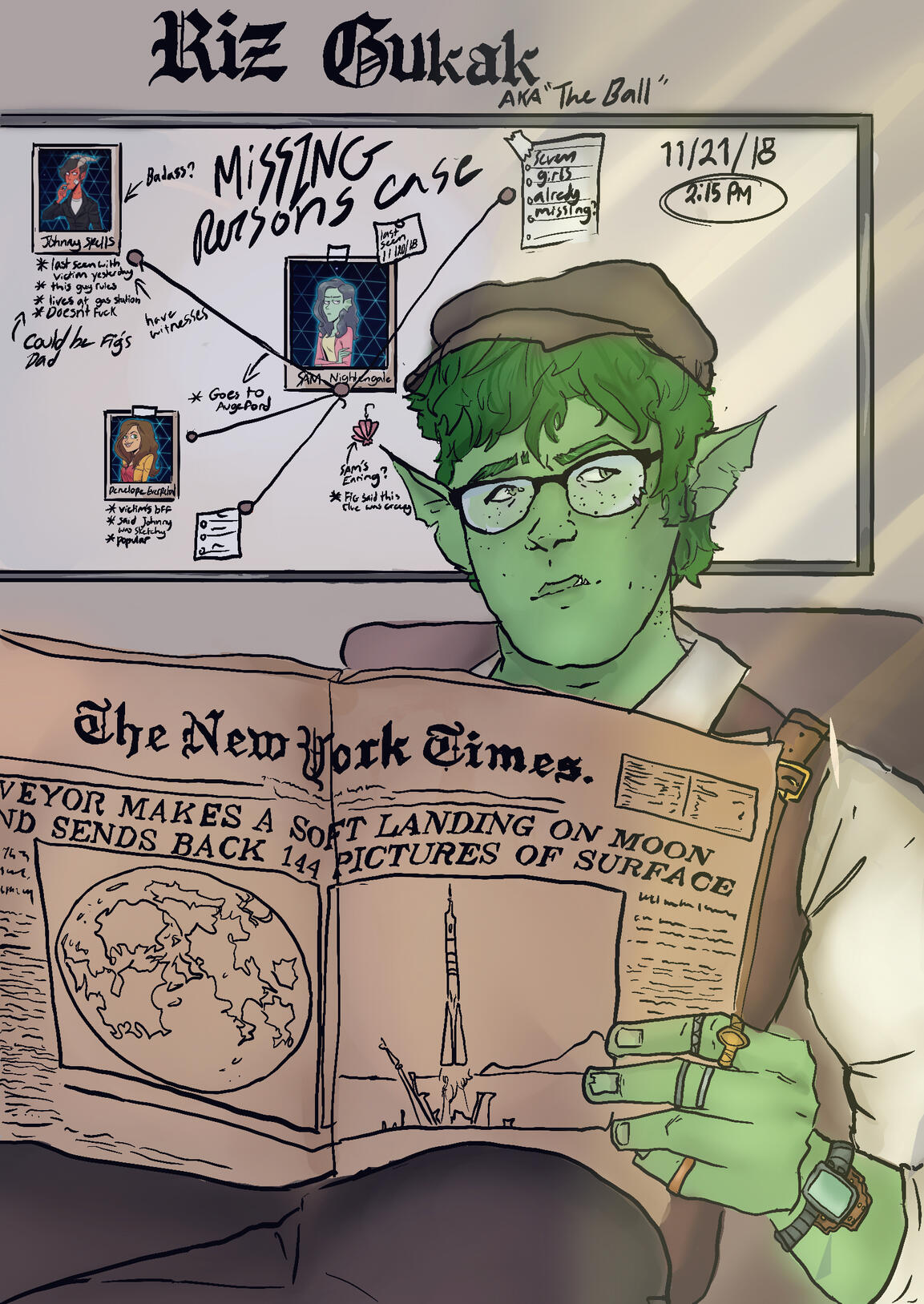 Untitled Digital illustration of a green-skinned, elf-eared character with curly hair, glasses, and a flat cap reading a newspaper titled “The New York Times.” Behind him is a large investigation board labeled “Riz Gukak aka ‘The Ball’” with a “Missing Persons Case