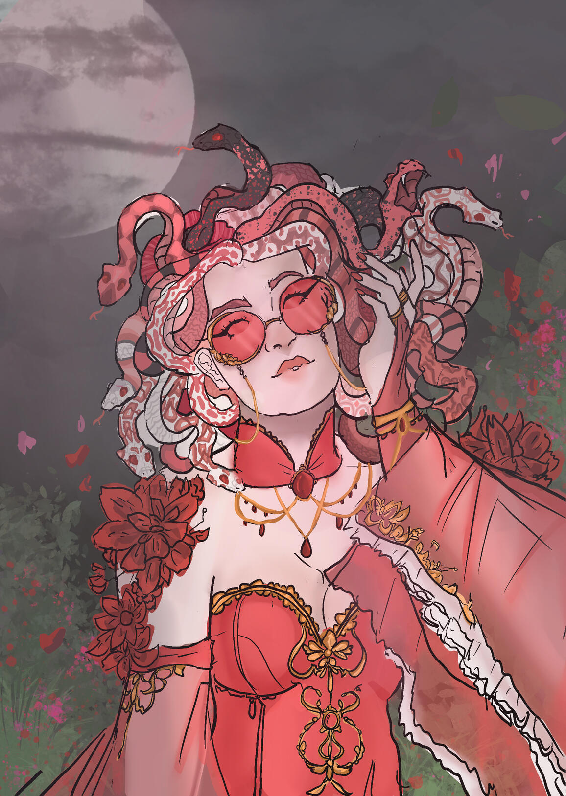 Illustration of a woman with multiple snakes woven through her hair, wearing red-tinted heart-shaped glasses and ornate gold jewelry. She stands in a moonlit garden scene with deep red tones and floral details.