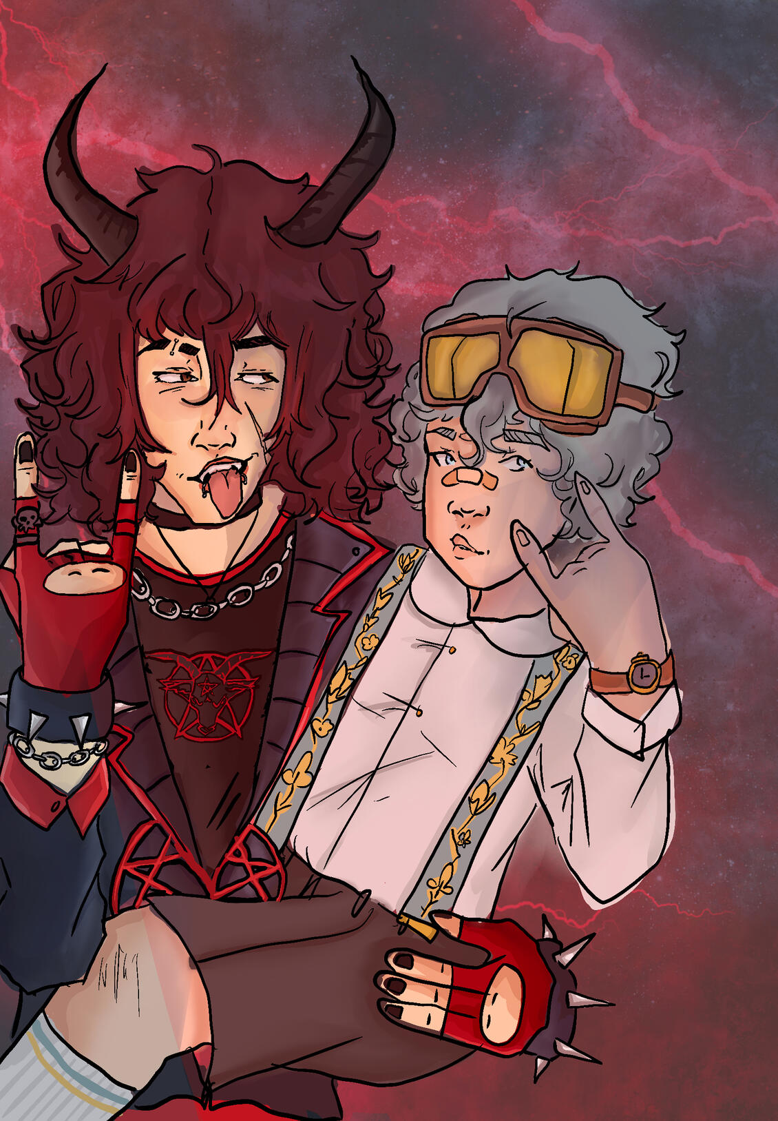 Fantasy illustration of two characters posing together: one with red hair, black horns, and punk accessories making a rock hand sign; the other with short silver hair and goggles. They stand against a dark red lightning sky.
