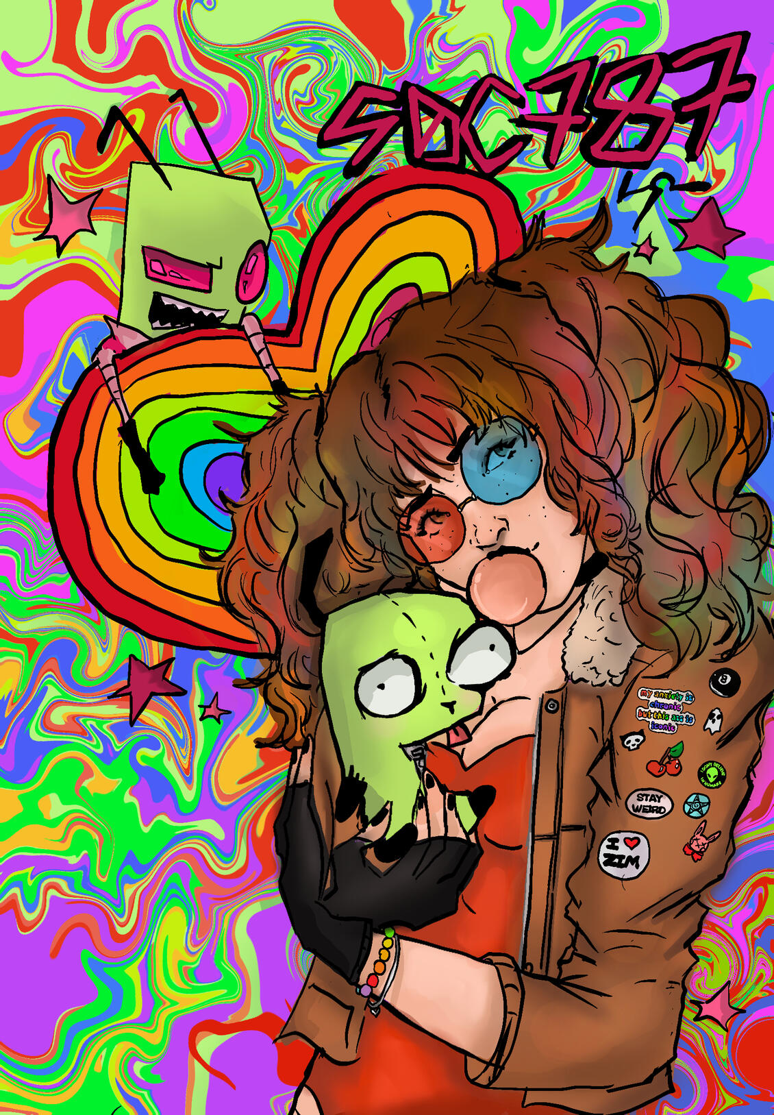 Untitled Illustrated portrait of a teenage girl with curly brown hair wearing red and blue 3D glasses, blowing a bubblegum bubble while holding a small green alien plush. A rainbow heart and a cartoon alien float behind her against a swirling neon psychedelic backg