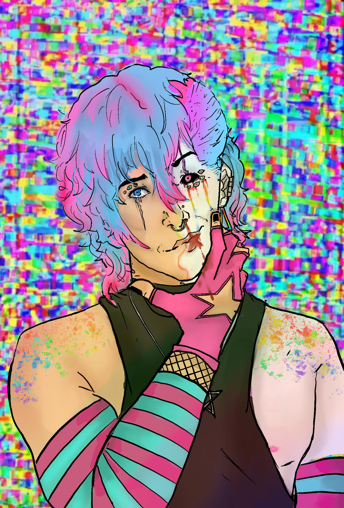 Digital illustration of a person with split pink and blue hair and tear-streaked makeup, holding half of a broken mask to their face. They wear a pink star glove and striped top against a colorful glitch mosaic background.