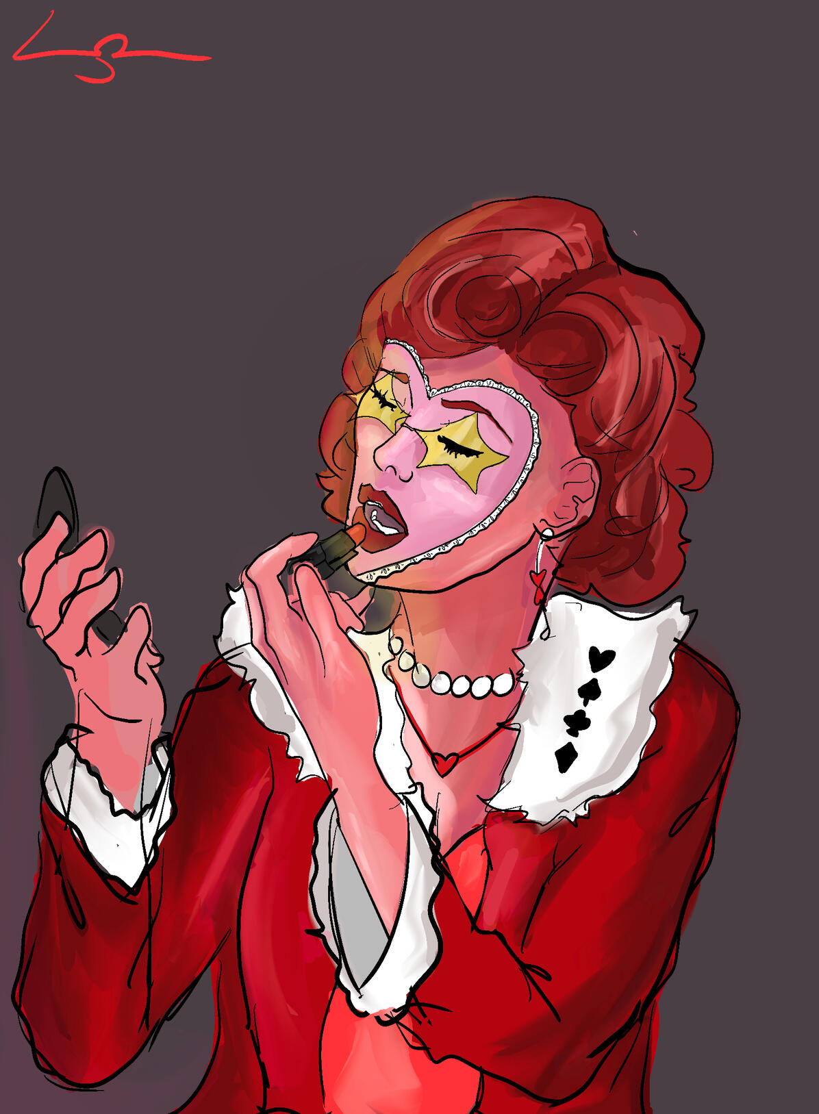 Stylized illustration of a red-haired woman applying lipstick while looking into a handheld mirror. She wears dramatic yellow eye makeup shaped like stars, pearl jewelry, and a red outfit against a muted background.