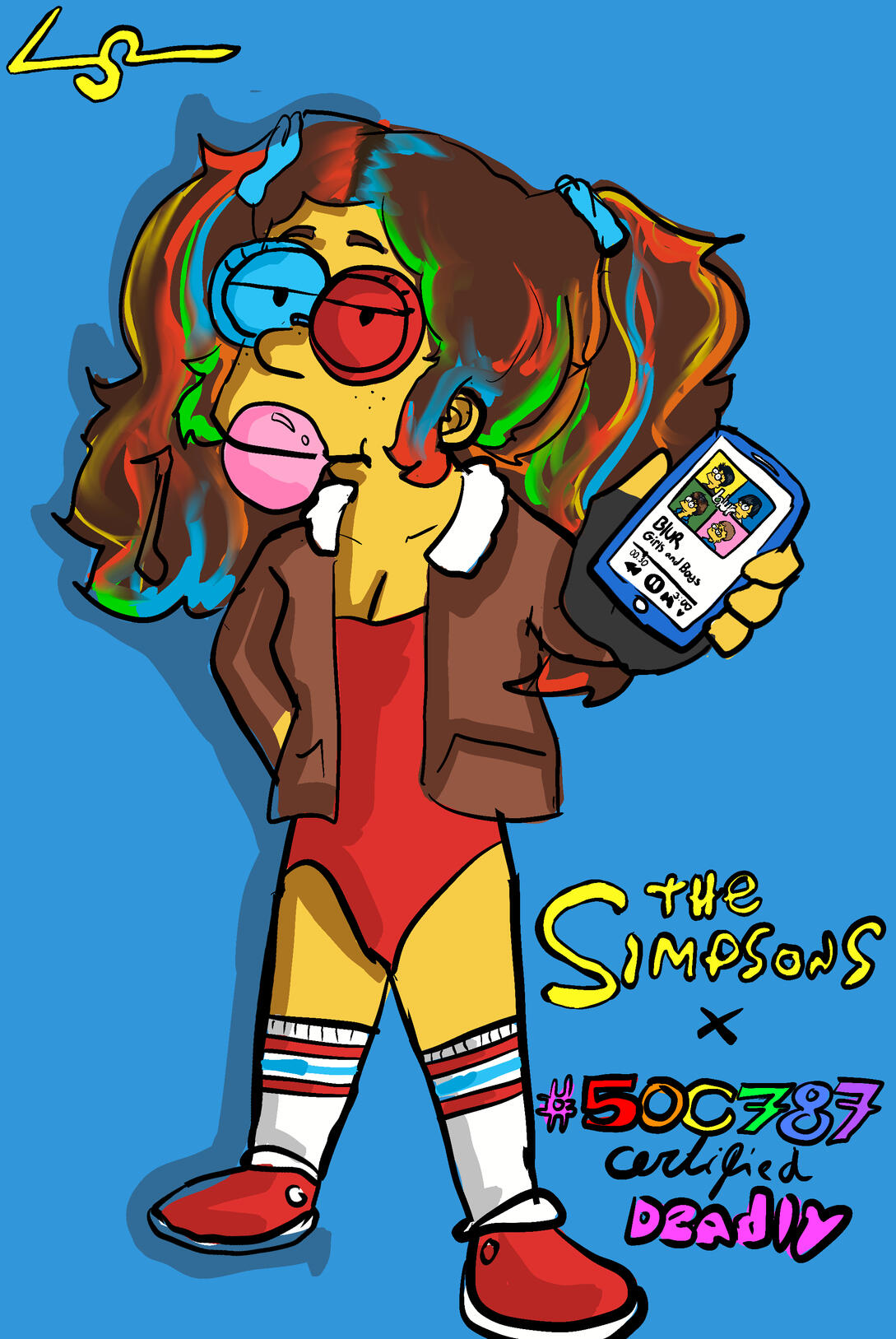 Cartoon-style illustration of a yellow-skinned character inspired by The Simpsons holding a phone displaying album art. Text reads “The Simpsons x SOC 787 – Certified Deadly.”