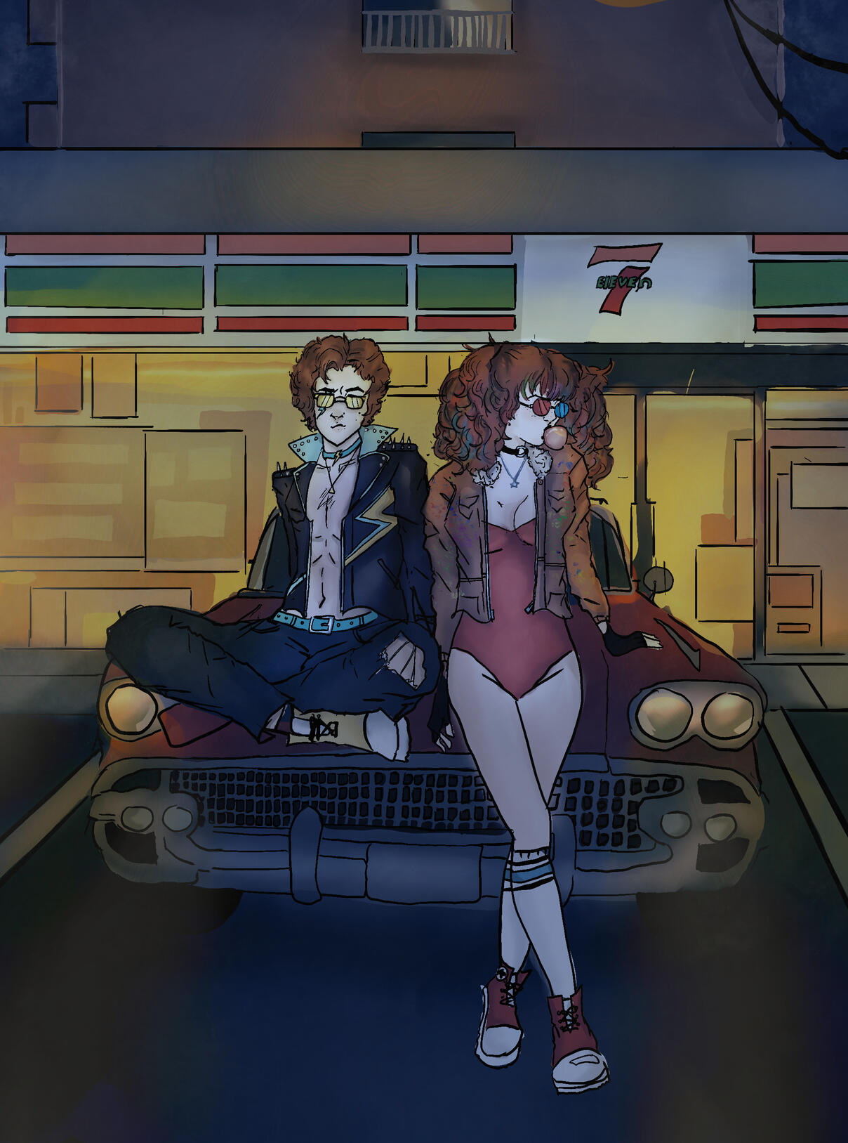 Illustration of two characters leaning against a red car in front of a lit convenience store at night. One wears sunglasses and a jacket; the other blows bubblegum in a red bodysuit and brown jacket.