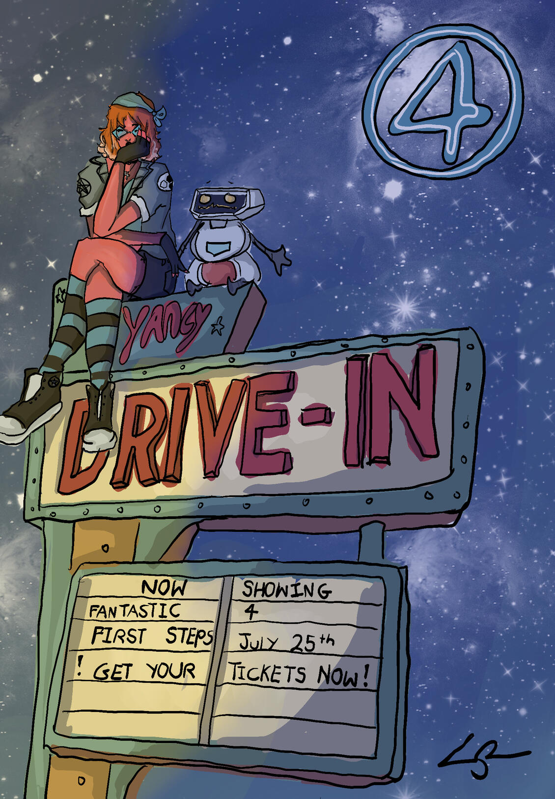 Illustration of a girl sitting on top of a retro drive-in theater sign reading “Now Showing Fantastic 4 – July 25th.” A small robot sits beside her under a starry night sky.